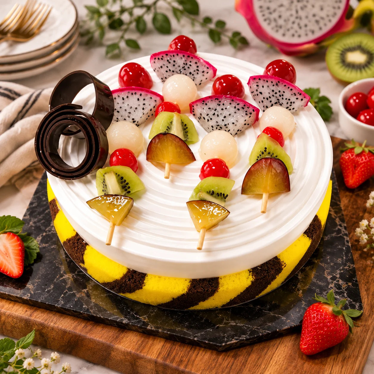 Fruit-topped cake with chocolate curls — illustrative culinary artwork