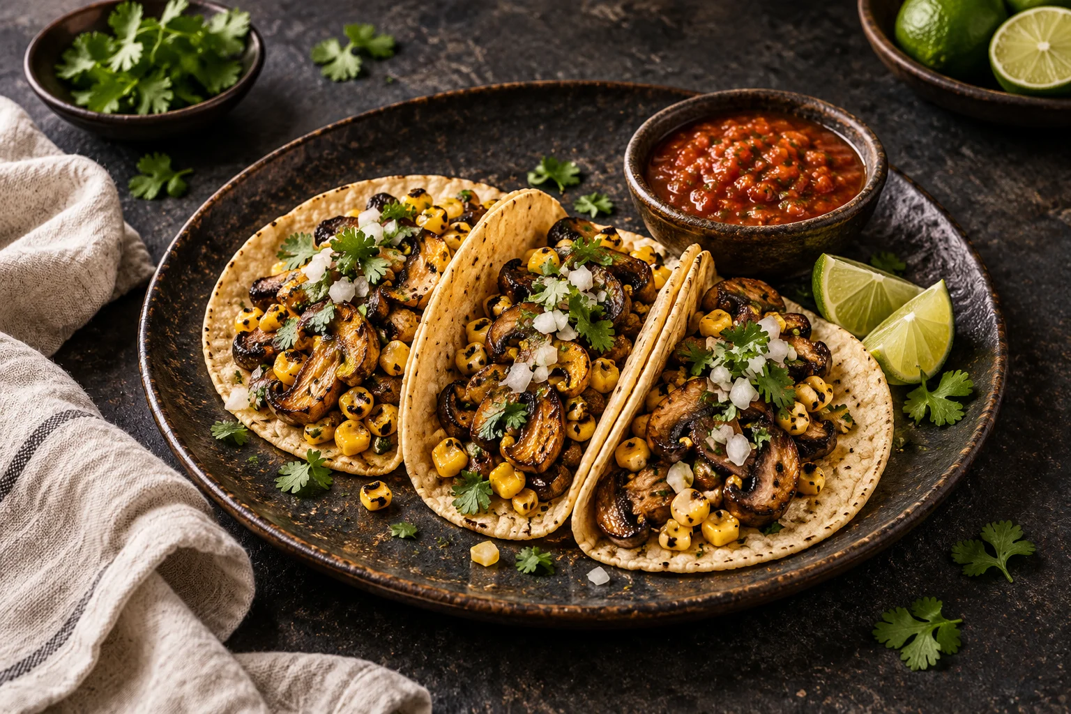 Mushroom and corn tacos with salsa and lime — illustrative culinary art