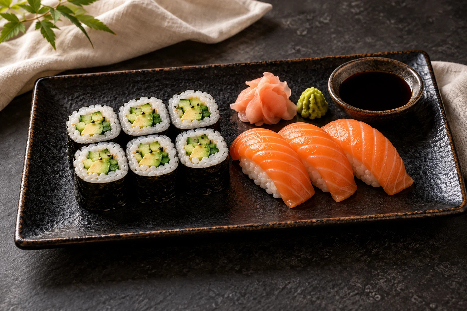 Japanese maki and salmon nigiri on a dark platter — illustrative culinary art