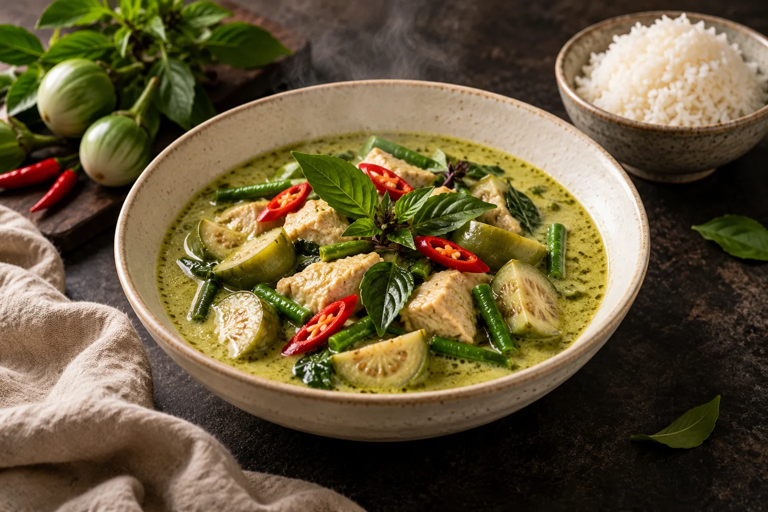 Thai green curry with eggplant and basil beside rice — illustrative culinary art