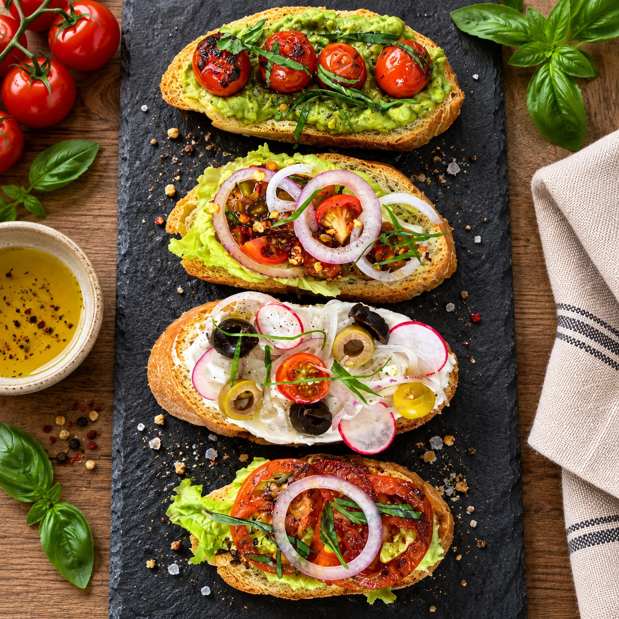 Illustrative toast with fresh vegetables and garnishes