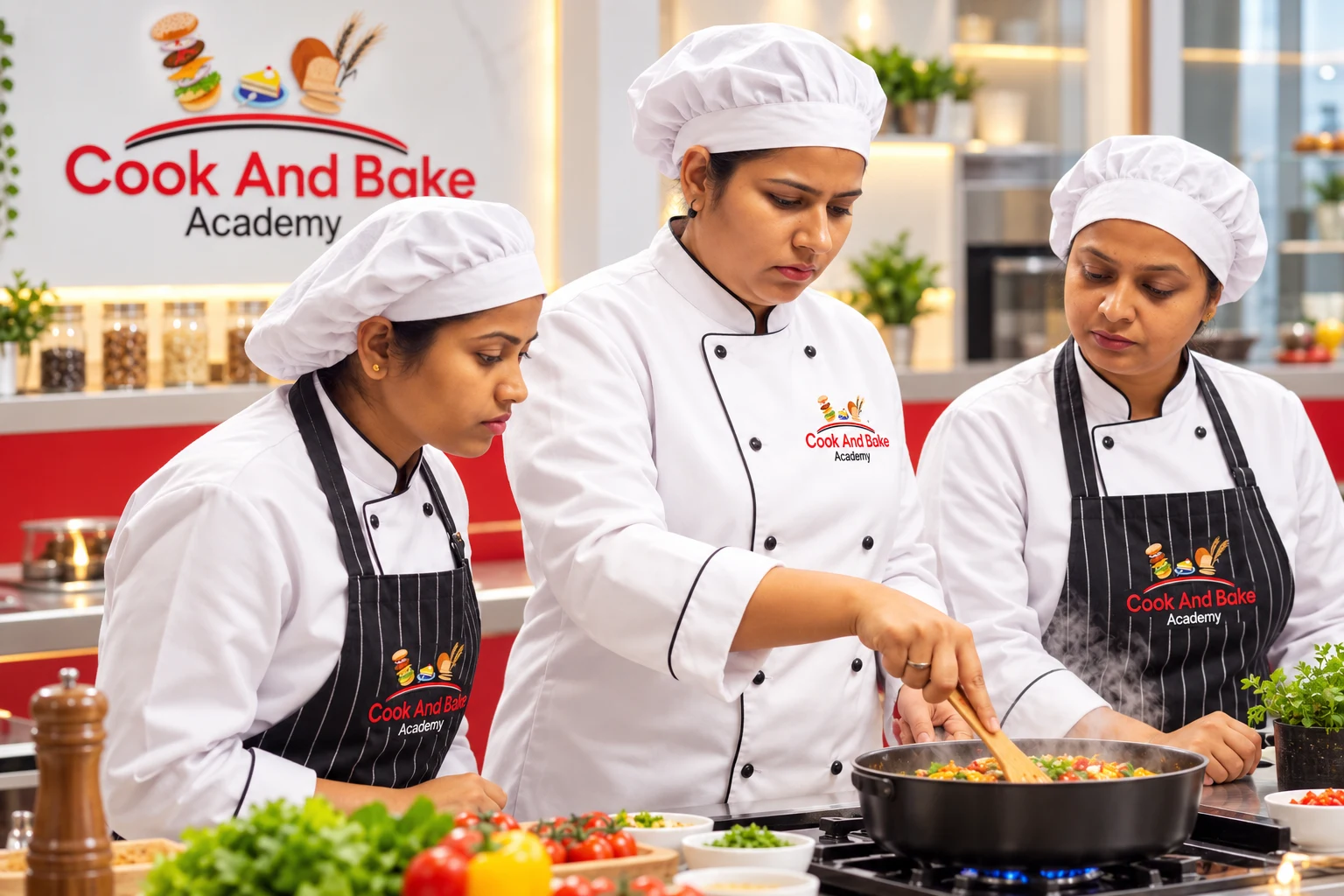 Supplied academy creative showing cooking practice in chef uniforms