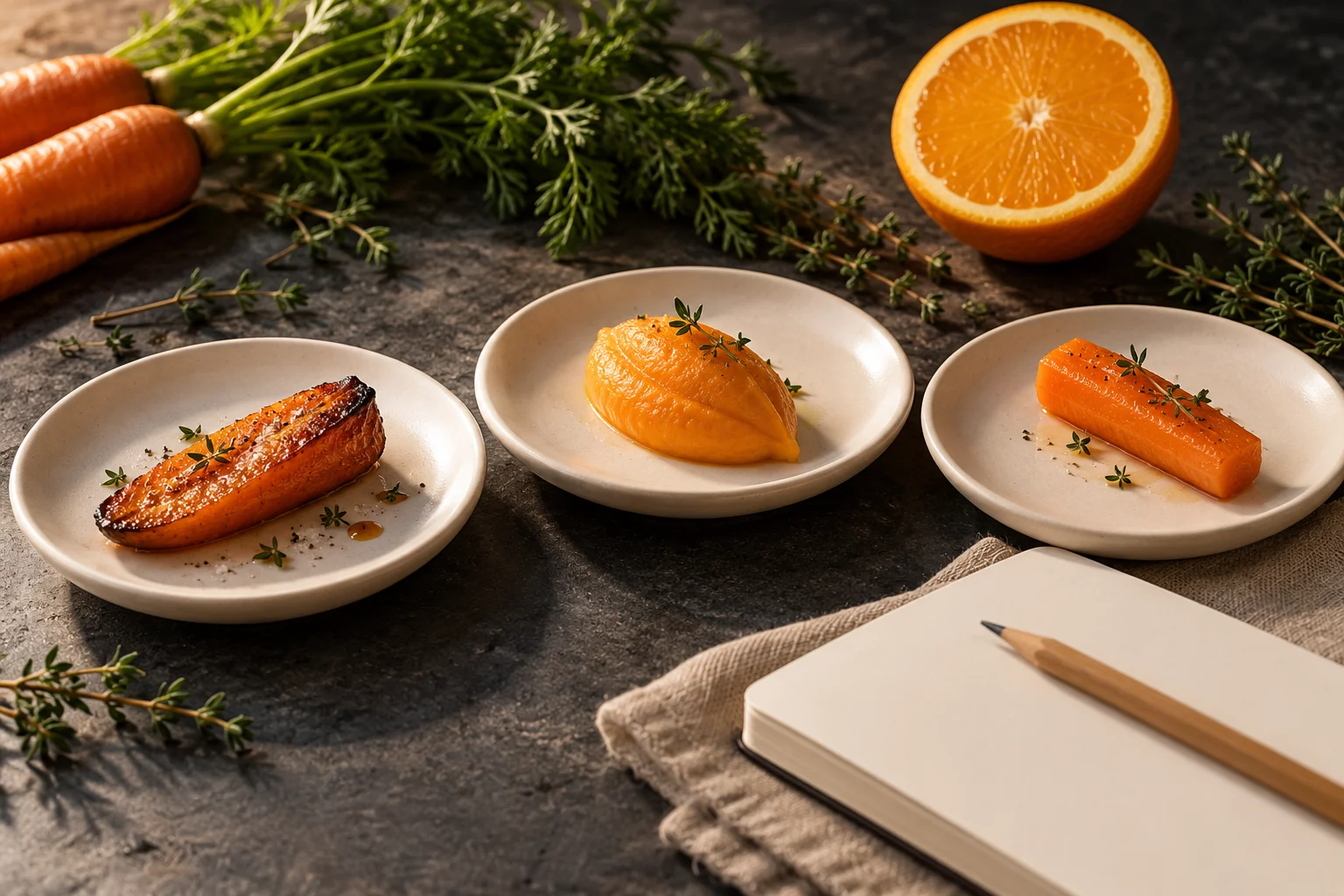 Three carrot preparations on tasting plates beside an orange and notebook — illustrative culinary art