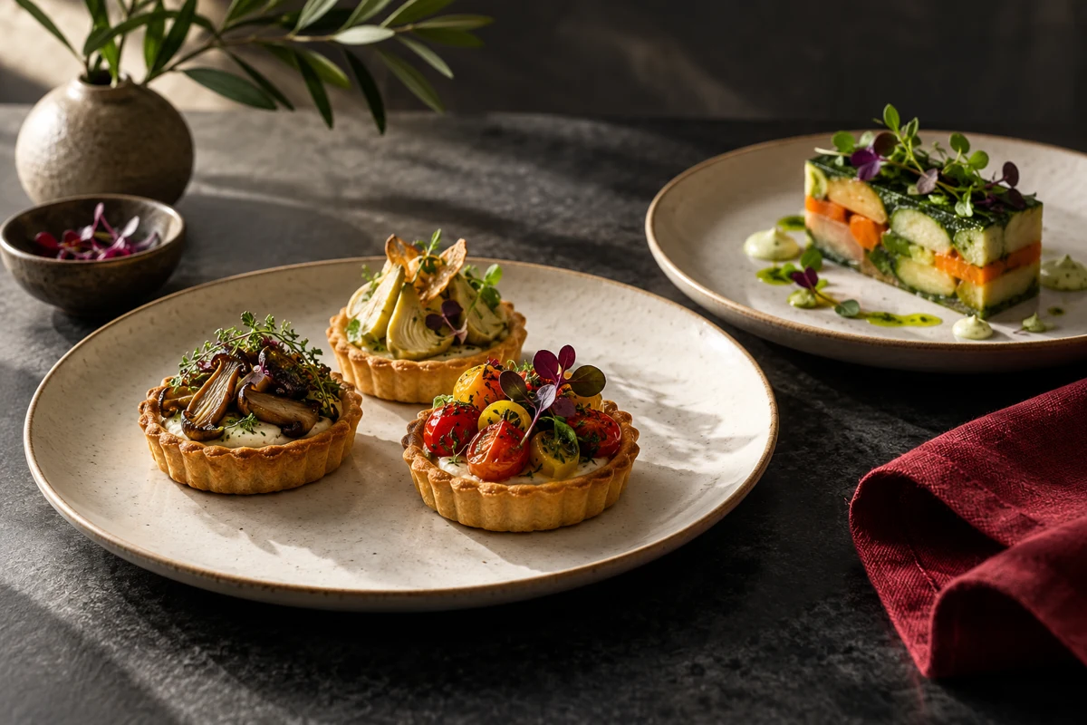 Savoury tartlets and vegetable terrine — illustrative culinary artwork