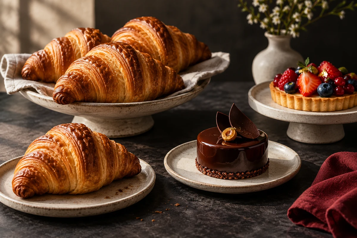 Croissants, chocolate entremet and fruit tart — illustrative culinary artwork
