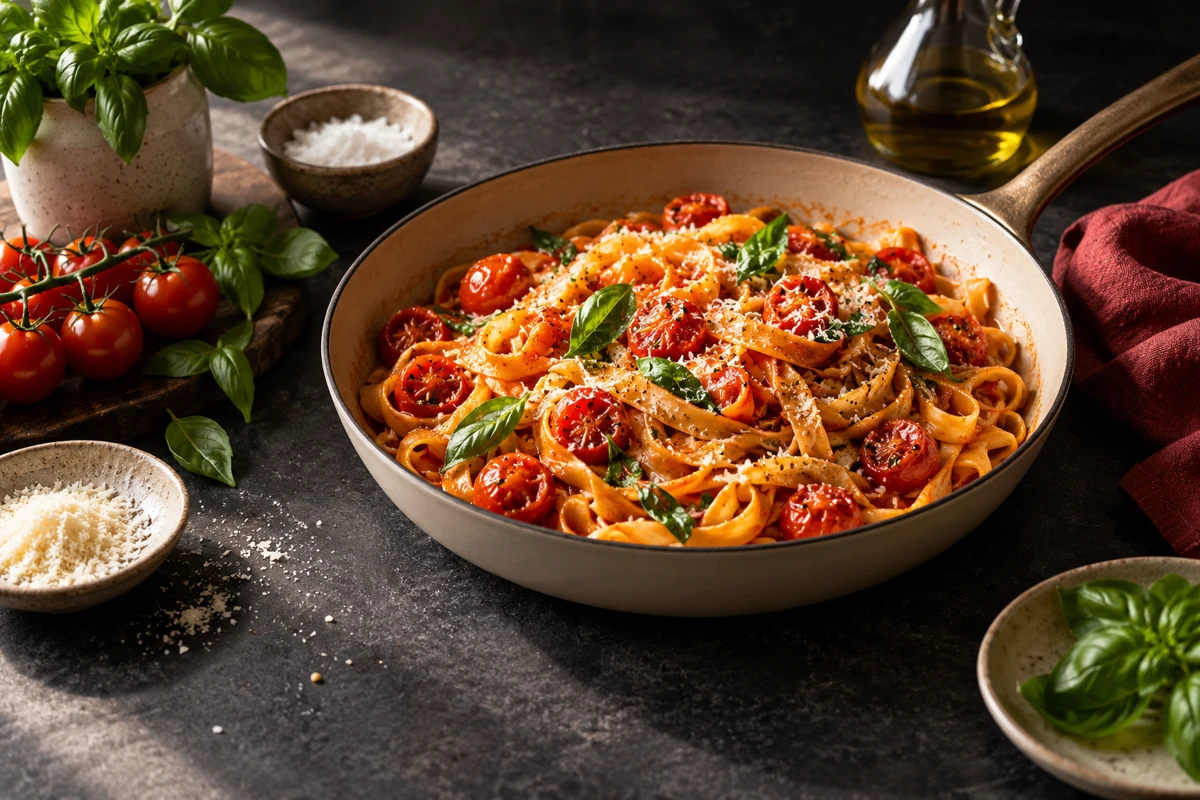 Tomato and basil tagliatelle — illustrative culinary artwork