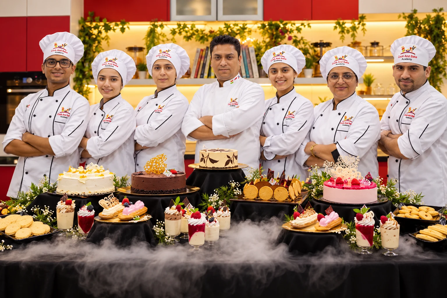 Supplied creative of uniformed chefs with baking presentations